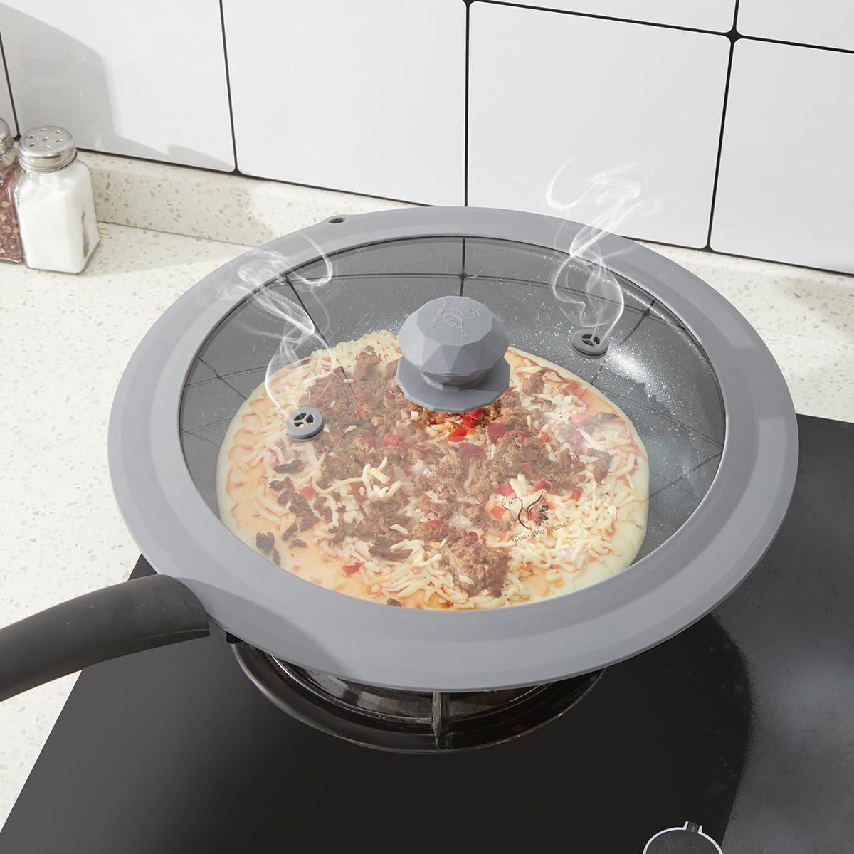 Vented Tempered Glass Universal Lid for Pot Pan Skillet with Heat Resistant Silicone Rim Microwave Splatter Lid Cover Microwave Safe Fit 11.5" 12" 12.5" Cookware, Dishwasher Safe Black
