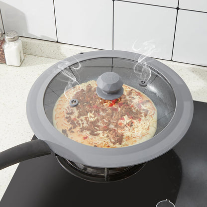 Vented Tempered Glass Universal Lid for Pot Pan Skillet with Heat Resistant Silicone Rim Microwave Splatter Lid Cover Microwave Safe Fit 11.5" 12" 12.5" Cookware, Dishwasher Safe Black