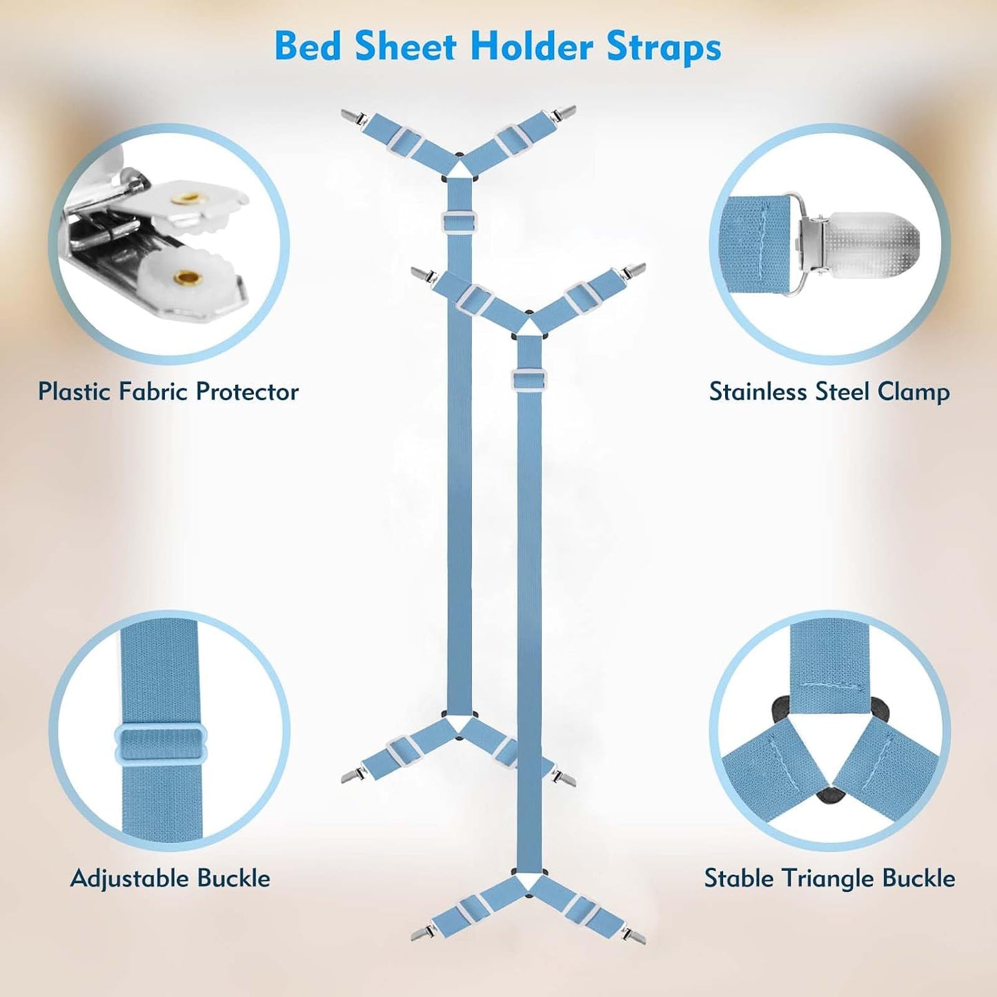 Bed Sheet Straps, 2Pcs Elastic Adjustable Bed Sheet Holder Straps, Fitted Sheet Straps to Hold Sheets in Place with Metal Clips, Sheet Holders for Mattress Cover, Sheet, Sofa Cushion (Black)