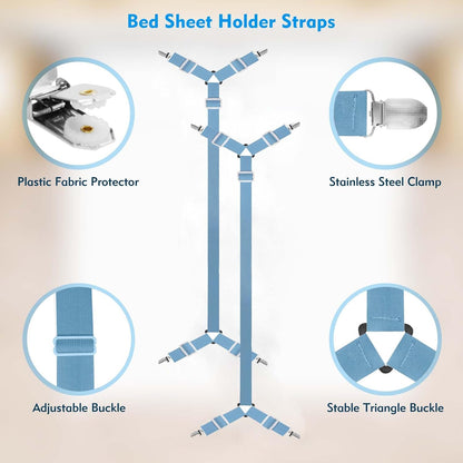 Bed Sheet Straps, 2Pcs Elastic Adjustable Bed Sheet Holder Straps, Fitted Sheet Straps to Hold Sheets in Place with Metal Clips, Sheet Holders for Mattress Cover, Sheet, Sofa Cushion (Black)
