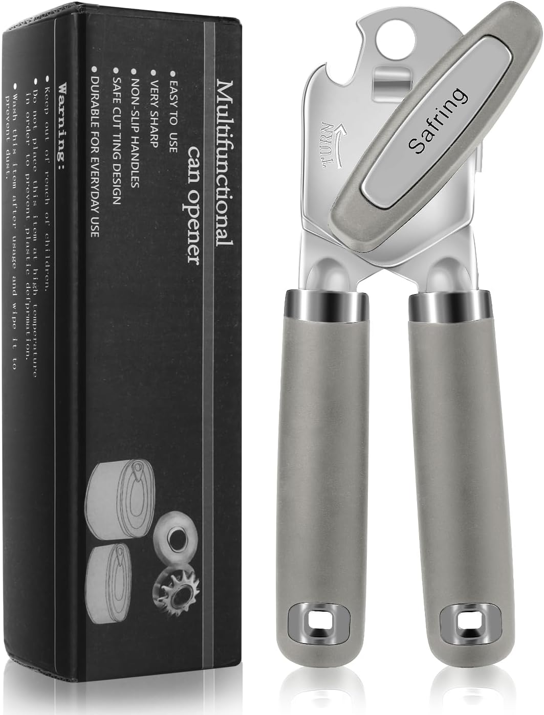 Safring Can Opener Manual, Heavy Duty Handheld Strong Can Opener with Soft Touch Handle, Sharp Blade Smooth Edge, Can Openers with Multifunctional Bottle Opener, Black