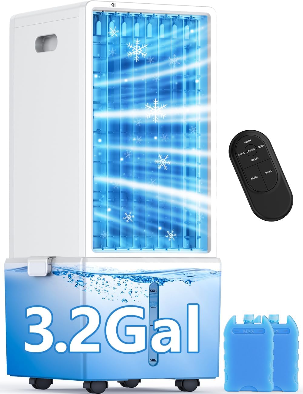 Portable Air Conditioners 4 Modes&3 Speeds,4 Ice Packs, Waterless Alert System, 12H Timer, Remote,1 Gal Detachable Water Tank, 70°Oscillation Windowless Evaporative Air Cooler for Room Office