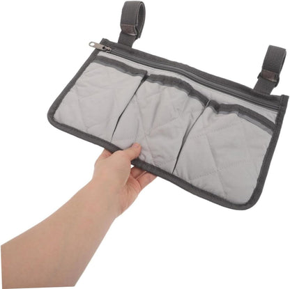 Bedside Rail Organizer Bag with 4 Pockets, Cup Holder, and Zipper Phone Pouch, Universal Multi-use Storage Caddy for Senior Safety and Mobility Assistance on Hospital or Dorm Beds