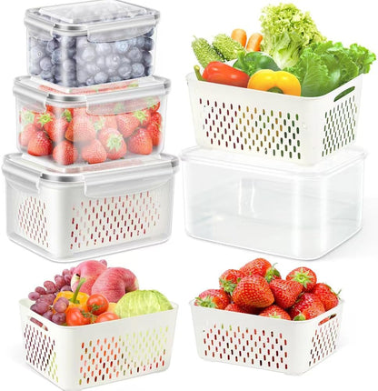 5 Pack Fruit Storage Containers for Fridge with Removable Colander, Produce Containers BPA-free Fridge Organizer to Keep Berry Lettuce Vegetable Fresh, Dishwasher & Microwave Safe