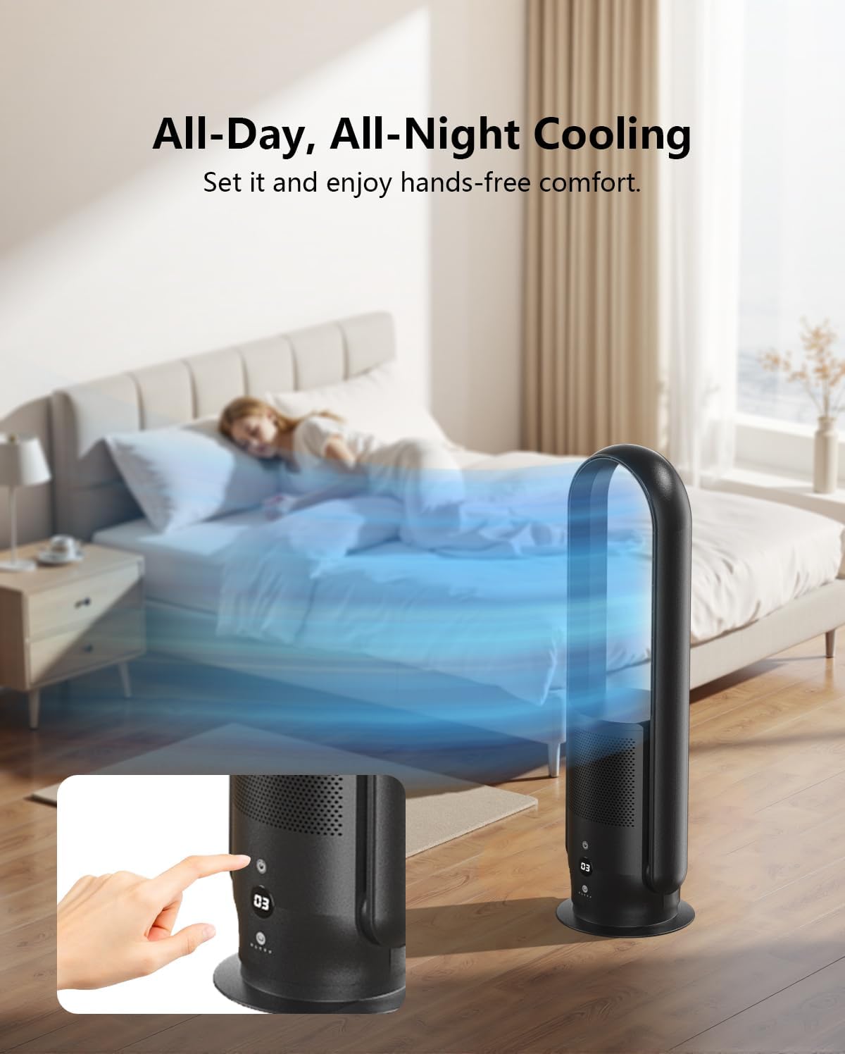 ULTTY Bladeless Tower Fan and Air Purifier Combo, Quiet Oscillating Fan with Remote & Touch Control, 9 Speeds, 8H Timer, HEPA Air Filter, Safe Floor Fan for Bedroom Home Office Black, 23.5"inch