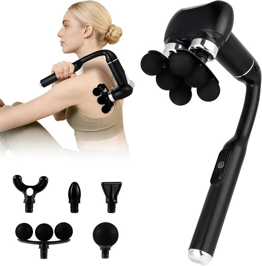 Massage Gun with Extension Handle, 2-in-1 Back Massager Gun | Handheld Foot Back Neck Shoulder Massager with 6 Adjustable Speeds & Modes for Gym & Home Use, Birthday Gifts for Men