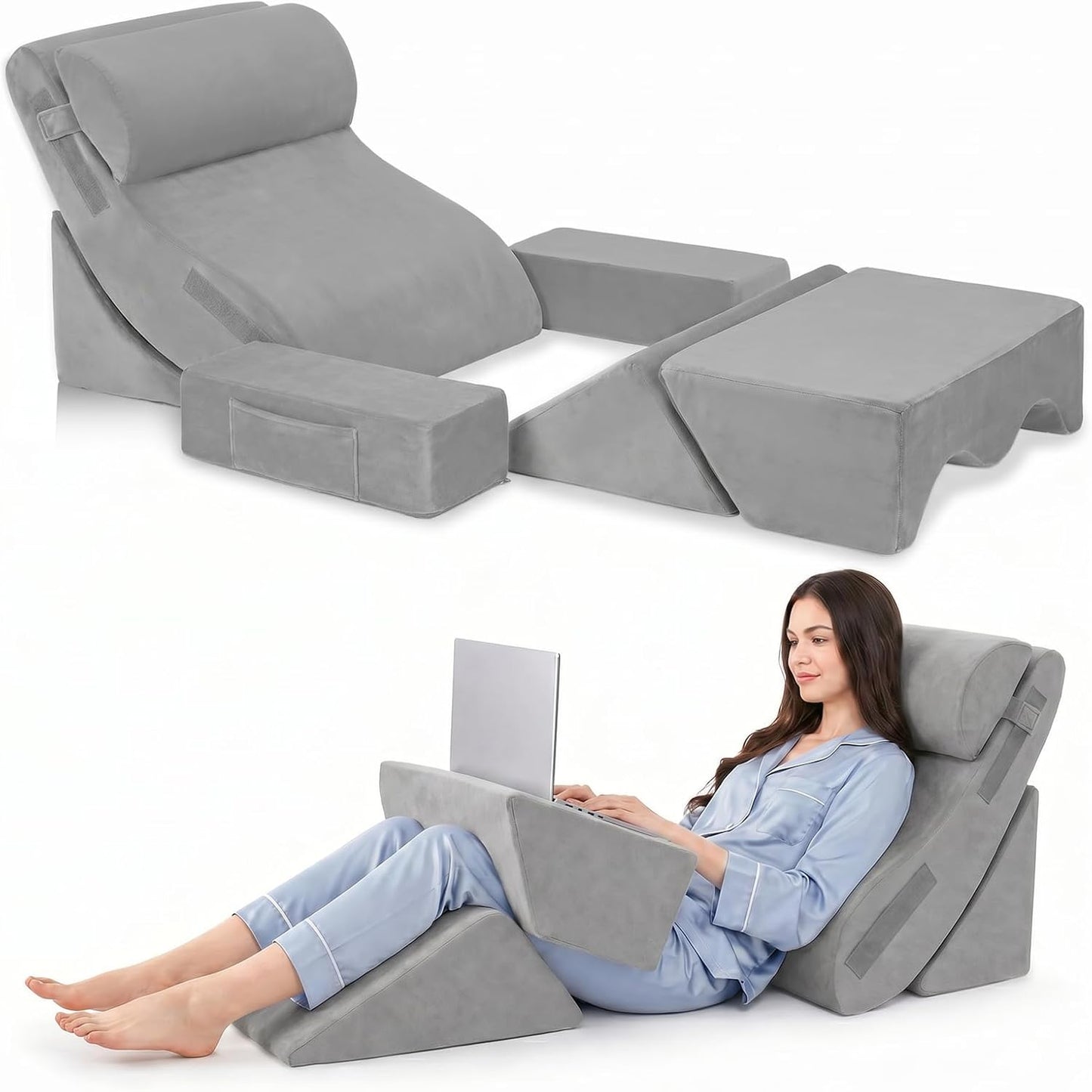 5PCS Wedge Pillow Set for After Surgery, Adjustable Orthopedic Foam Bed Wedge Pillow for Acid Reflux, GERD & Heartburn Relief, Back & Leg Elevation Support for Sleeping & Sitting Up, White Grey