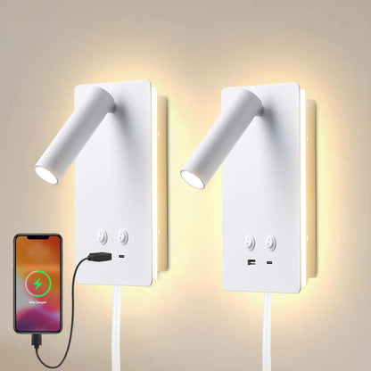 MOLUOLA LED Wall Lamp Wall Mounted Reading Lights, Adjustable Headboard Plug in Wall Sconce with USB C+A Ports, Headboard Bedside Lamp with 9W+3W Night Light 3000K (White)