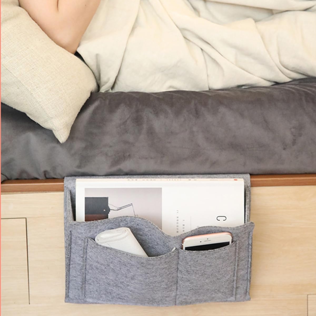 Bringsine 5 Pockets Bedside Caddy, Felt Bed Storage Organizer Hanging Bag Holder for Magazine Book Phone Tablet iPad Cables Remote and Glasses Holder Home Dorm Bed Sofa-Black