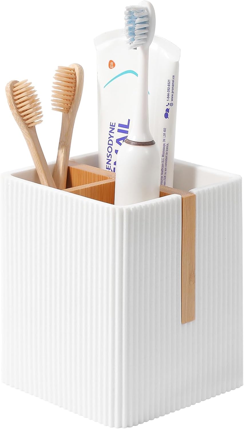 Toothbrush Holders for Bathroom, Bamboo Electric Toothbrush Stand, White | Toothbrush and Toothpaste Organizer for Sink Countertop, Bathroom Storage Stand for Brushing Accessories