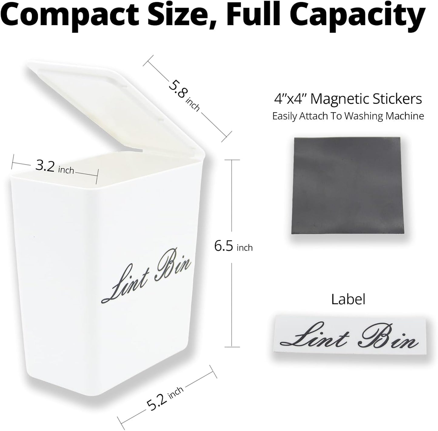 Artilife Magnetic Dryer Lint Bin with Lid, 6 x 5 in White ABS Plastic | Compact 1.8L dryer lint holder mounts to metal appliances without tools; fitted lid hides lint and sheets for laundry room