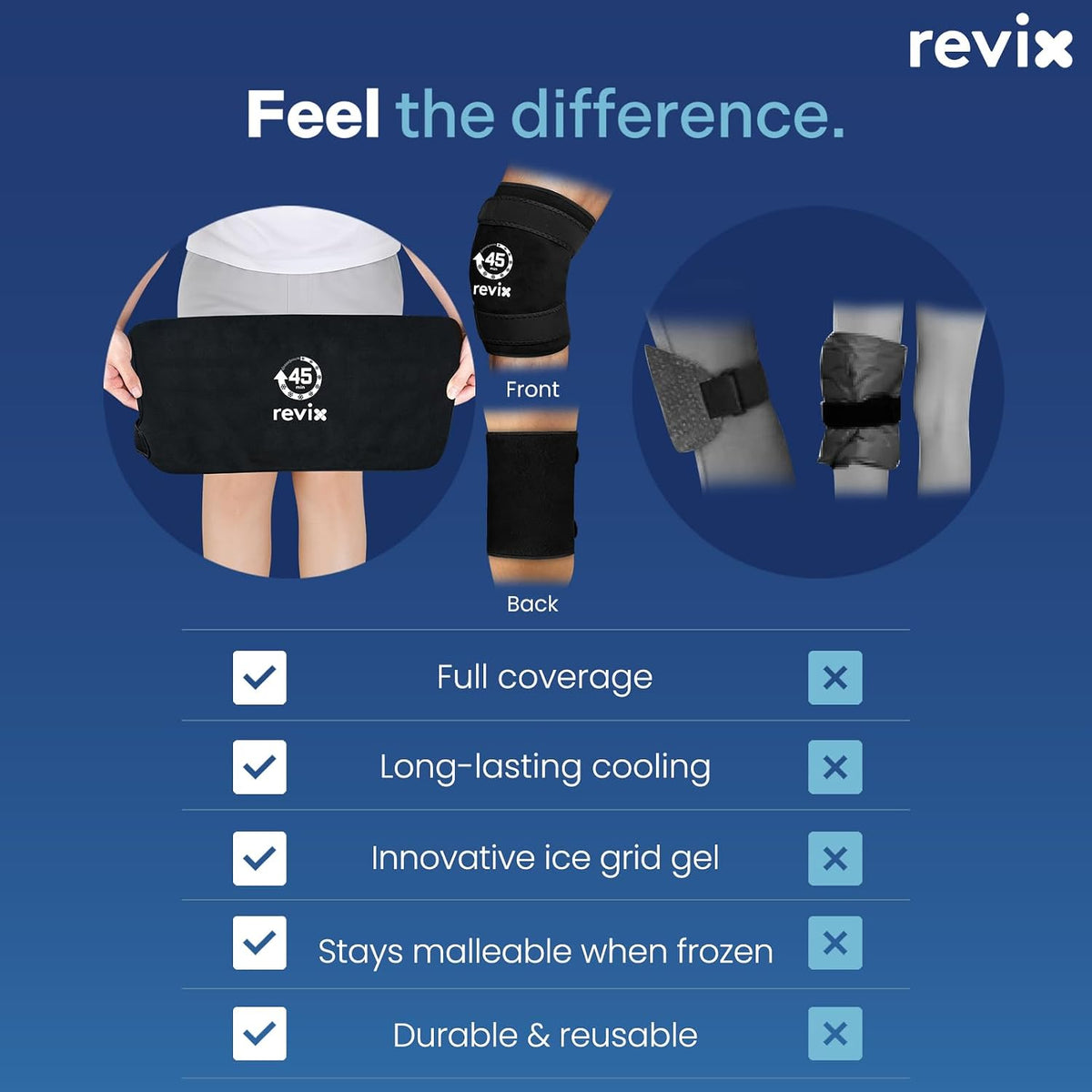 REVIX XXXL Knee Ice Pack Wrap for Meniscus & ACL, 45-Min Cold, 20"×10.7"
