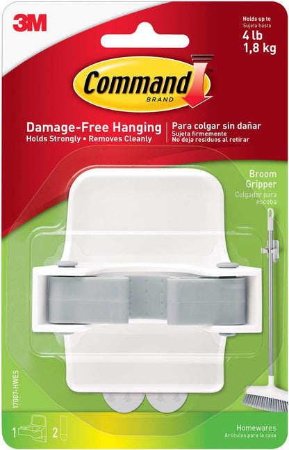 Command Large White Broom Grippers, 2 Broom Grippers, 4 Strips | Damage-Free Hanging Wall Mount Broom and Mop Holder, No Tools Holiday Cleaning Organizer, Holds up to 4 lb