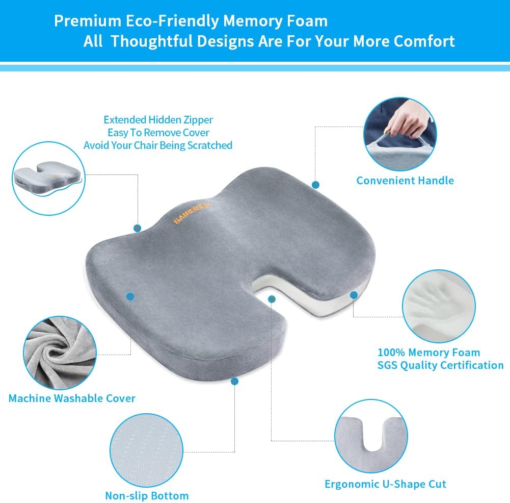 SAIREIDER Office Chair Cushion, Car Seat Cushion, Memory Foam Coccyx Cushion Pads for Tailbone Pain, Sciatica Relief Pillow, Correct Sitting Posture (Black)