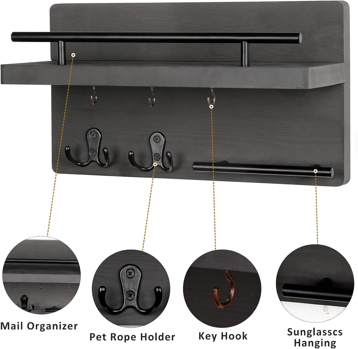 OurWarm Wall Mounted Key Holder/Hangers for Wall Decorative with 5 Key Hooks, Wooden Mail Rack Organizer with Shelf, Rustic Home Decor for Entryway Mudroom Hallway Office, Brown