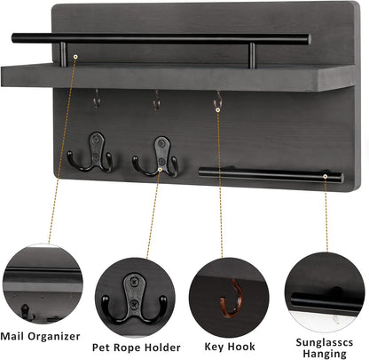 OurWarm Wall Mounted Key Holder/Hangers for Wall Decorative with 5 Key Hooks, Wooden Mail Rack Organizer with Shelf, Rustic Home Decor for Entryway Mudroom Hallway Office, Brown