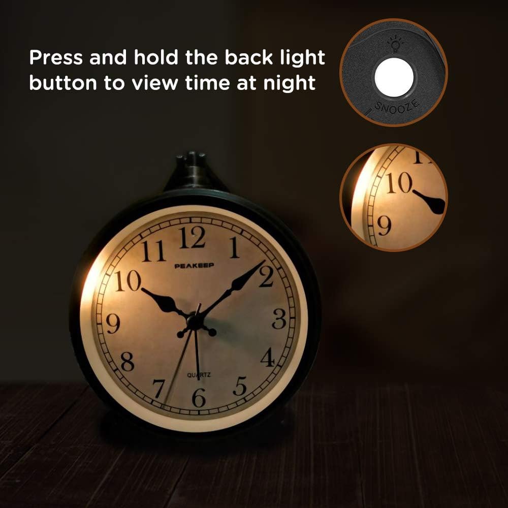 Peakeep 4" Small Battery Operated Antique Retro Analog Alarm Clock | with Contour Lines in Gold for Room Decor, Silent Elegant Bedside Desk Table Gift Clock