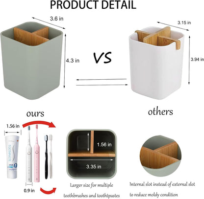 Bamboo Toothbrush Holder for Bathrooms Toothpaste Organizer - Black | Detachable Inserts, 3 Slots, Bathroom Counter Organizer, for Kids Electric Toothbrushes, Floss, Razors