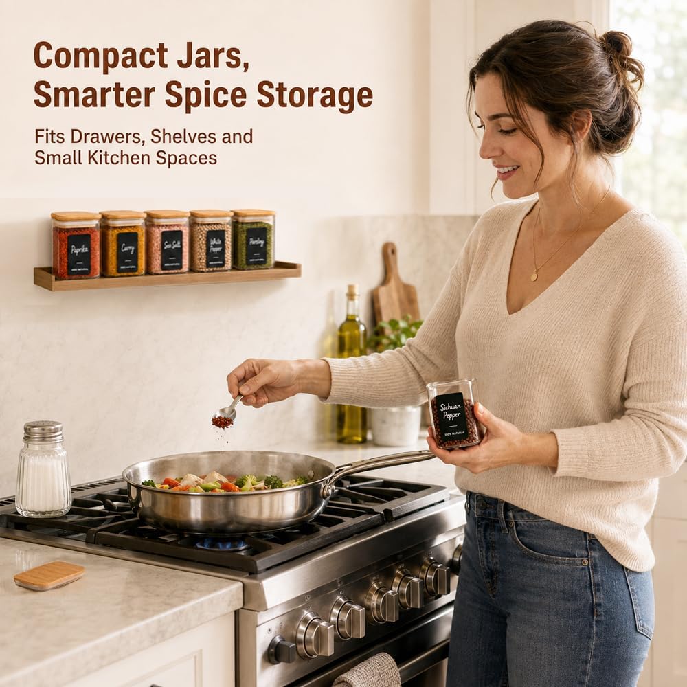 ComSaf Spice Jars 8oz Set of 6, Small Seasoning Containers with 9 Labels | Small Glass Jars With Labels, Empty Rectangle Canisters, Spice Rack Organization, Loose Tea, Herb, Powder, Dry Good, BPA Free