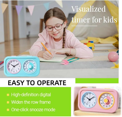 Visual Timer for Kids with Clock, 60 Minute Countdown Timer for Classroom, Home, Kitchen, Work, Dual-Screen Pomodoro Timer with Alarm Clock, Silent Time Management Tool with Night Light (Blue)