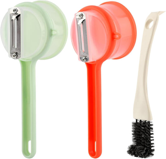 2Pcs Peeler with Container, Fruit and Vegetable Enclosed Peeler with Storage Box, Double-Sided Pee-ler Gadgets with Cleaning Brush, for Home Kitchen Restaurant(COLOR:green+orange)