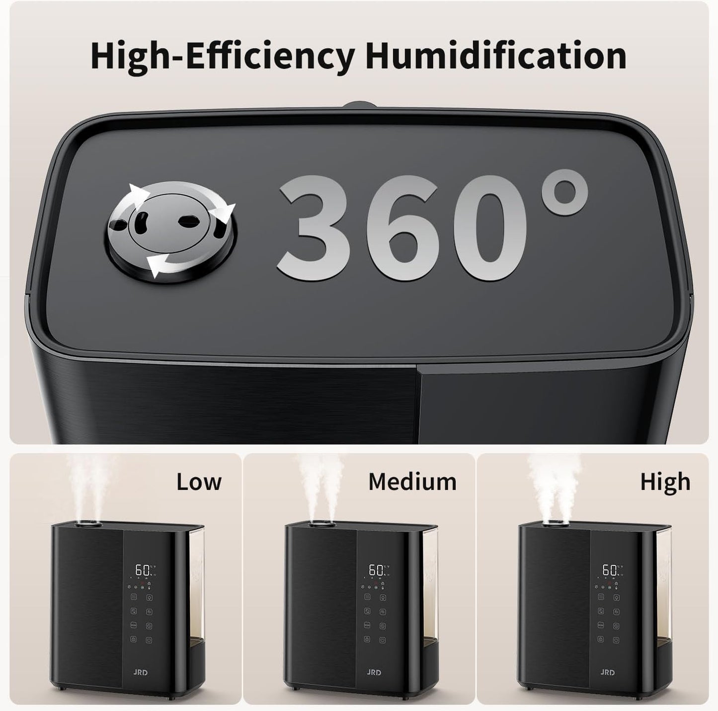 JRD Warm & Cool Mist Humidifiers for Bedroom 5L, Quiet Ultrasonic Air Humidifier Fast Symptom Relief, 50H Runtime, Oil Diffuser, 12H Timer, 7 Color Light for Large Room, Office, Baby, Plants-Black