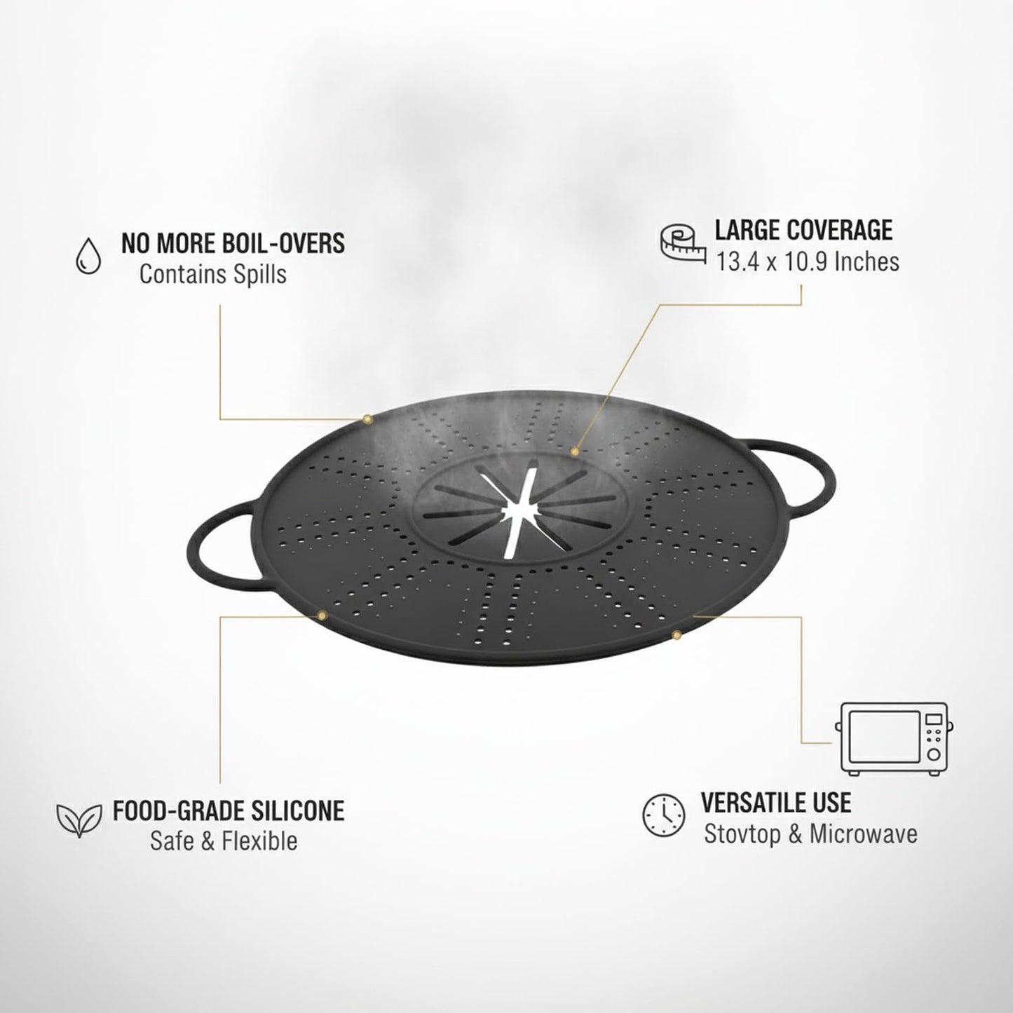 Silicone Pot Lid Spill Stopper with Handles, Heat Resistant Cover for Boiling Pots, 13.4 x 10.9 Inches, Black