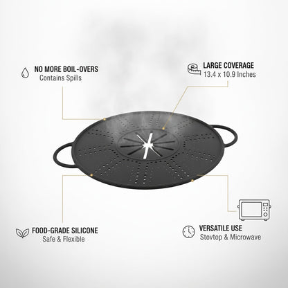 Silicone Pot Lid Spill Stopper with Handles, Heat Resistant Cover for Boiling Pots, 13.4 x 10.9 Inches, Black