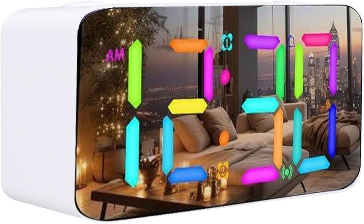 Dpofirs Alarm Clock for Heavy Sleepers with Bed Shaker, 7 Inch Mirror Display, RGB Night Light, 115dB Extra Loud Volume, Dual Alarms, USB Charger for Adults Seniors (Black)