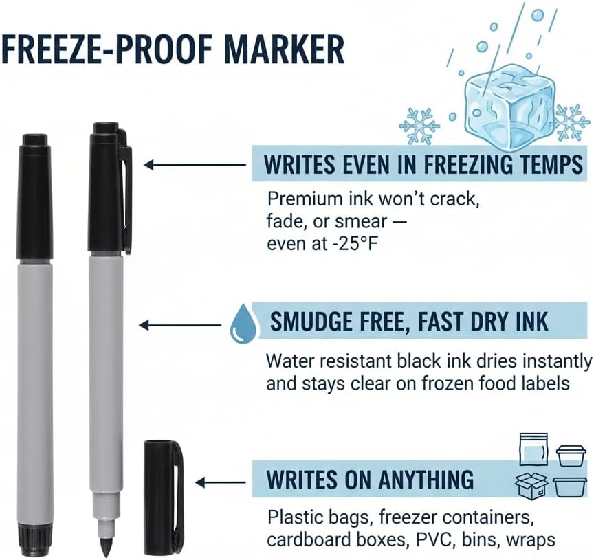 Cadie Permanent Freezer Marker Set of 2 – Waterproof Fast-Drying Black Fine Bullet Tip Ink Pens for Food Labeling, Fridge & Freezer Storage, Lab & Kitchen Use, & General Organization