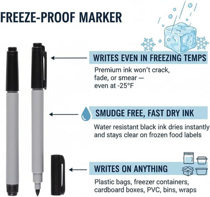 Cadie Permanent Freezer Marker Set of 2 – Waterproof Fast-Drying Black Fine Bullet Tip Ink Pens for Food Labeling, Fridge & Freezer Storage, Lab & Kitchen Use, & General Organization