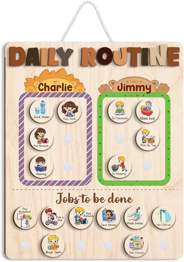 TinyKidz Wooden Daily Routine Chart 11x15, Schedule Board for Kids, Wooden Chore Chart for Kids, Responsibilities Chart for Toddlers, Morning Bedtime Routine for Toddlers
