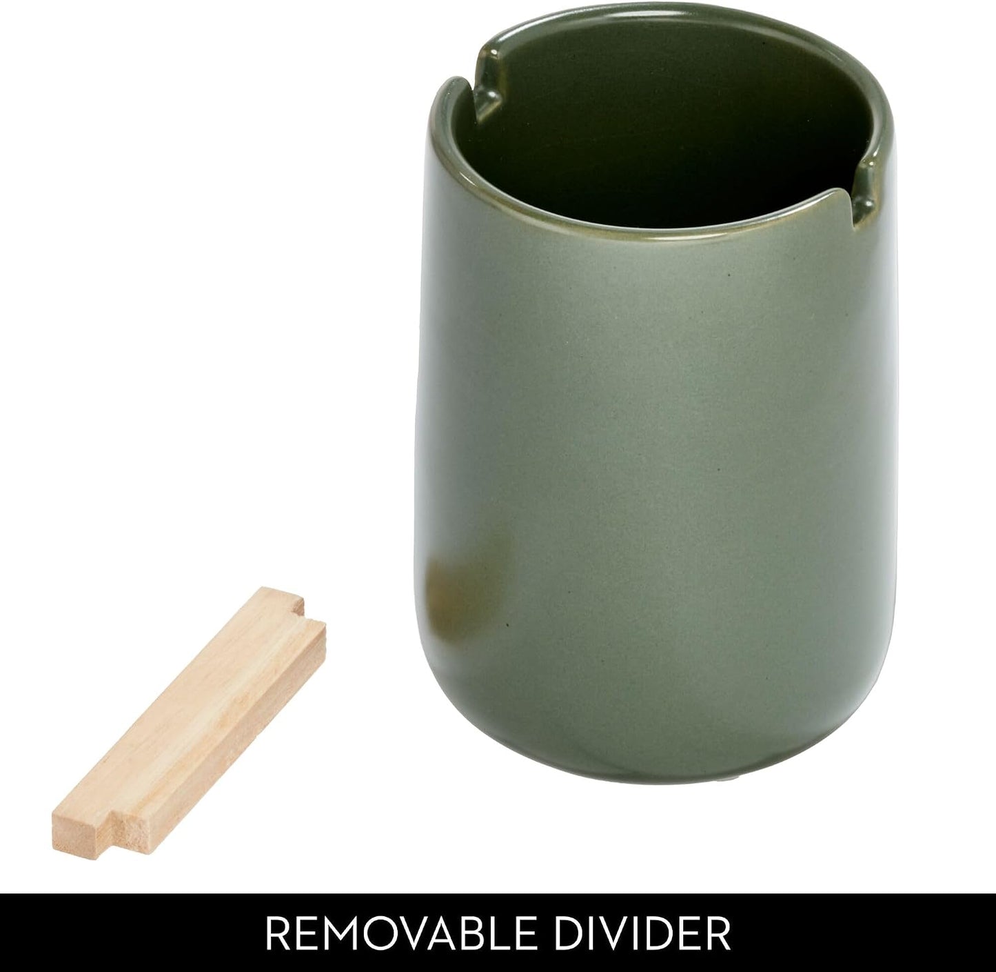 iDesign Ceramic Earth Collection Toothbrush Holder, Moss/Natural Wood | Paulownia Wood Divider