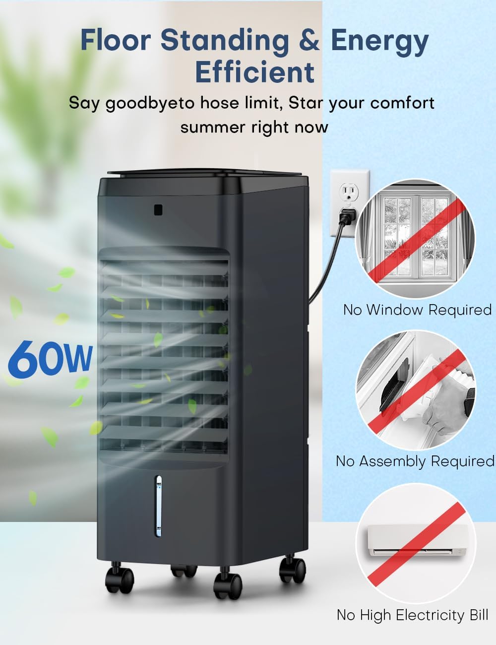 Portable Air Conditioners 4 Modes&3 Speeds,4 Ice Packs, Waterless Alert System, 12H Timer, Remote,1 Gal Detachable Water Tank, 70°Oscillation Windowless Evaporative Air Cooler for Room Office