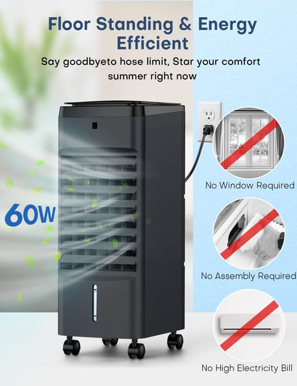 Portable Air Conditioners 4 Modes&3 Speeds,4 Ice Packs, Waterless Alert System, 12H Timer, Remote,1 Gal Detachable Water Tank, 70°Oscillation Windowless Evaporative Air Cooler for Room Office