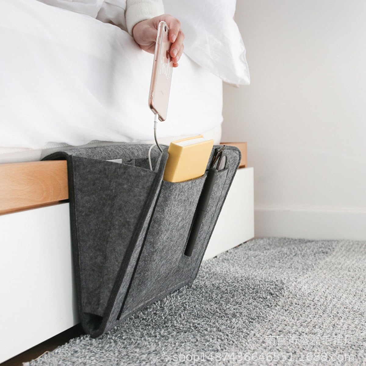 Bringsine 5 Pockets Bedside Caddy, Felt Bed Storage Organizer Hanging Bag Holder for Magazine Book Phone Tablet iPad Cables Remote and Glasses Holder Home Dorm Bed Sofa-Black