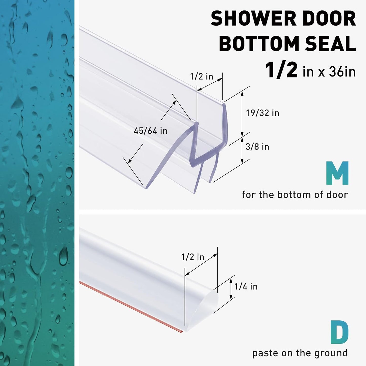 Shower Door Bottom Seal,2 PCS 3/8" x 36" | Shower Door Sweep for 3/8 Inch Glass, Frameless Glass Shower Door Seal Strip, Stop Shower Leaks and Create a Water Barrier