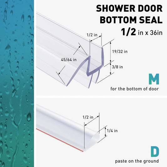 Shower Door Bottom Seal,2 PCS 3/8" x 36" | Shower Door Sweep for 3/8 Inch Glass, Frameless Glass Shower Door Seal Strip, Stop Shower Leaks and Create a Water Barrier