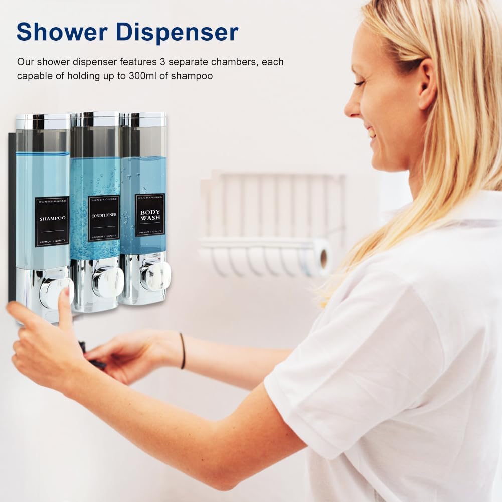 Shampoo and Conditioner Dispenser 3 Chamber No Drill Shower Soap Dispenser Wall Mounted, Shampoo Dispenser for Shower Wall Body Wash Dispenser for Bathroom Toilet Hotel Kitchen