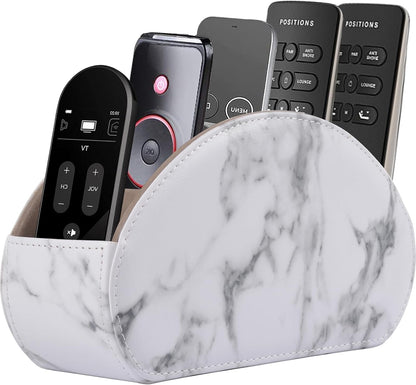 Leather Remote Control Holder with 5 Compartments TV Remote Caddy Storage Box/Tray,Desktop Organizer Store Controller,Glasses,Brush,Media Player,Pen,Space Saver for Bedside Table/Office Desk(Black)