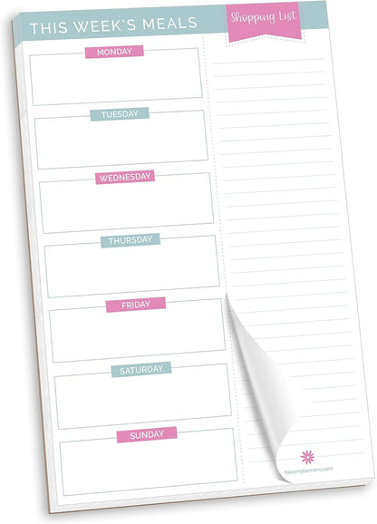 bloom daily planners Weekly Meal Planning Pad - Magnetic Hanging Refrigerator Menu Planner with Tear-Off Sheets & Perforated Grocery Shopping Lists - 6” x 9” (Pink Floral)