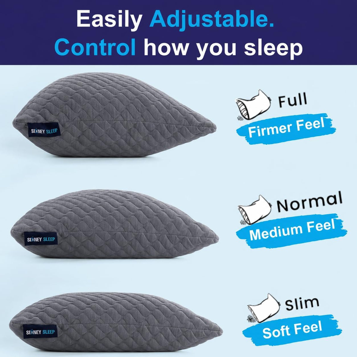 Sidney Sleep Adjustable Curved Pillows for Neck and Shoulder Support with Extra Shredded Fill - Cervical Contour Pillow for Side and Back Sleepers - Queen Size 19" x 29" CertiPUR-US Certified (White)