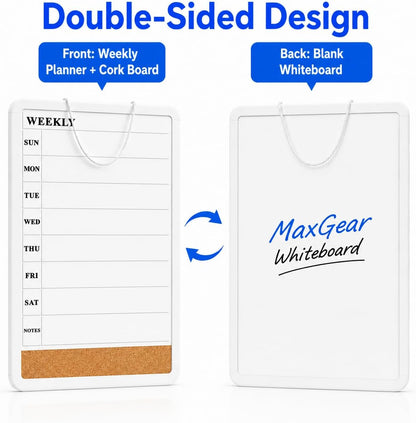MaxGear Weekly Dry Erase Calendar Board, 11" x 17" Magnetic Whiteboard | Double-Sided Wall Planner: Weekly Calendar on One Side, Blank Whiteboard on The Other, Includes 3 Color Markers and Magnets