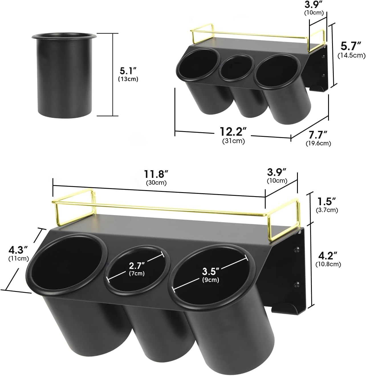 J JACKCUBE DESIGN Hair Dryer Holder Wall Mount Bathroom Vanity Hair Styling Care Tool Accessories 3 Cups Storage Organizer Caddy with Shelf Steel Black Gold- MK1002A (Black)