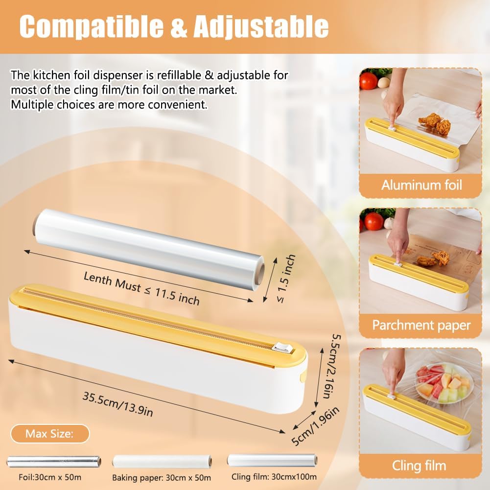 Magnetic Plastic Wrap Dispenser with Cutter Fits 12" Rolls | Reusable Foil Wrap Organizer for Drawer Countertops, Cling Wrap with Slide Cutter For Aluminum Foil, Tin Foil, Baking Paper