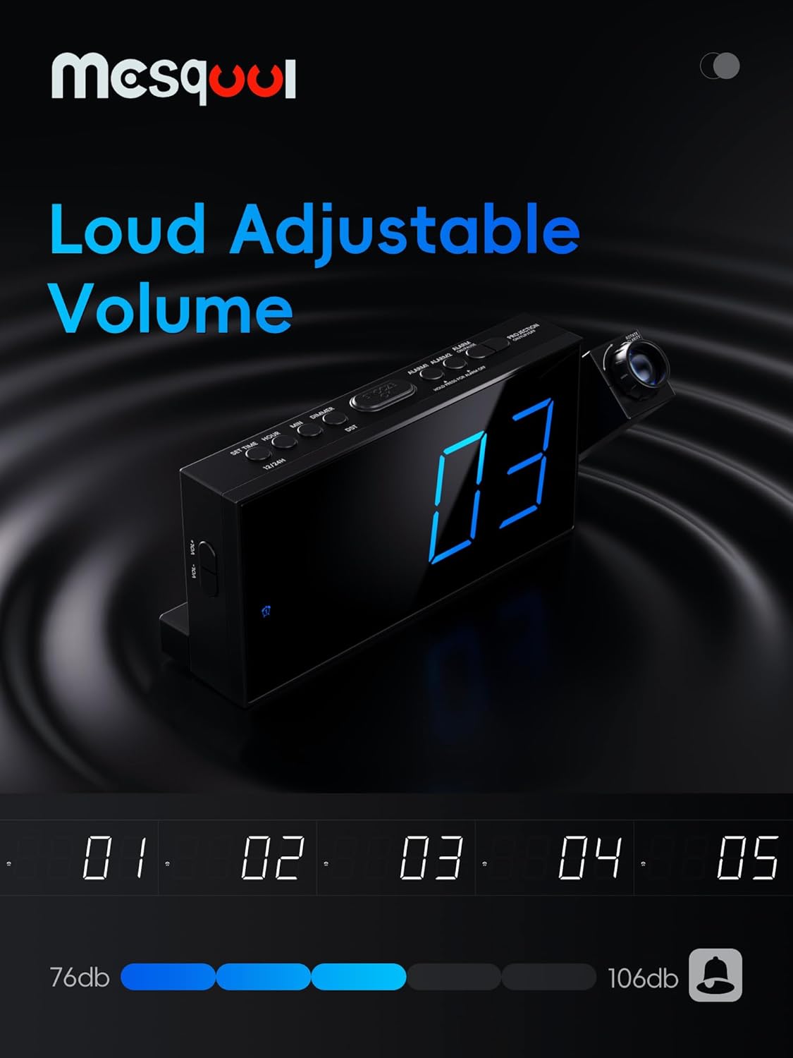 Mesqool Projection Alarm Clock with Loud Bed Shaker, Dual Alarms | 5-level Dimmer, USB charger, Snooze & DST, Loud Vibrating Alarm with Battery Backup, Perfect for Heavy Sleepers