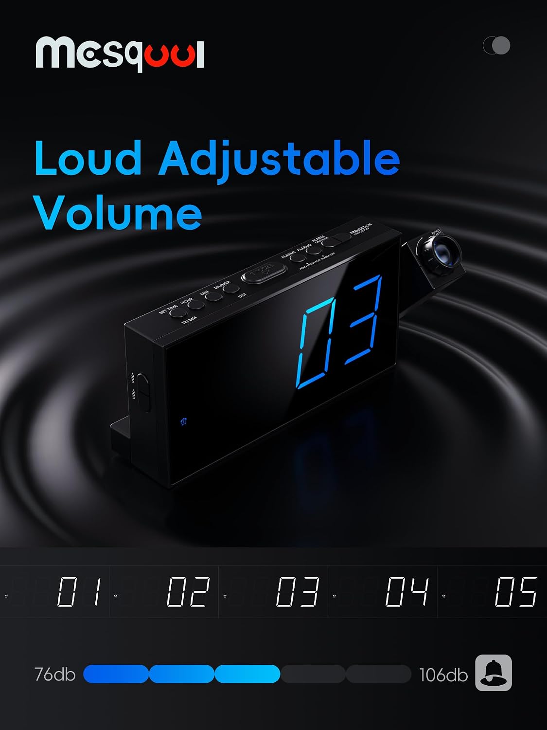 Mesqool Projection Alarm Clock with Bed Shaker, Dual Alarms