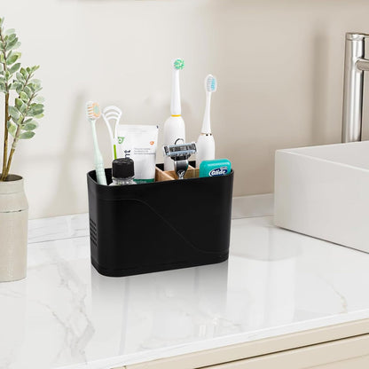 Electric Toothbrush Holder Tooth Brush and Toothpaste Organizer, Black | 3 Slots, Drainage Holes, Removable Bamboo Divider, Ventilation Design, Space-Saving, for Bathroom Countertop, Shower, Vanity