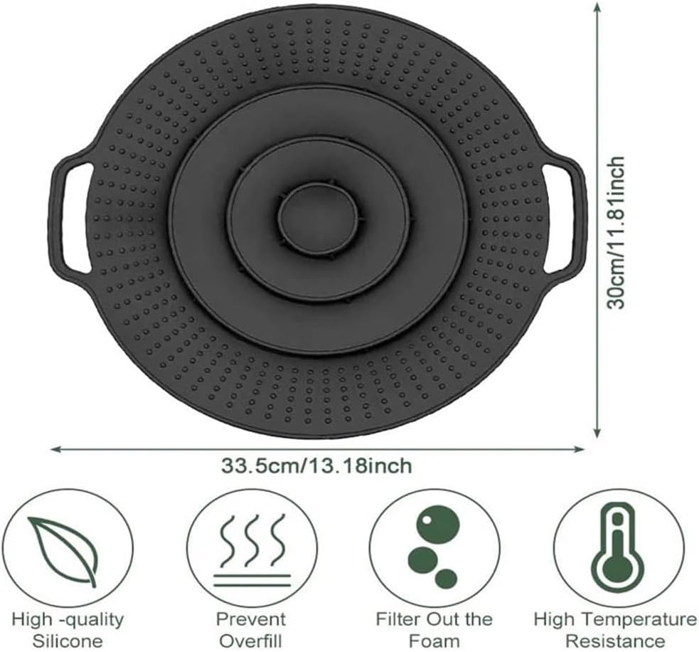 Universal 30cm Silicone Pot Lid - Reusable Spill Stopper For Pans And Pots(Black)