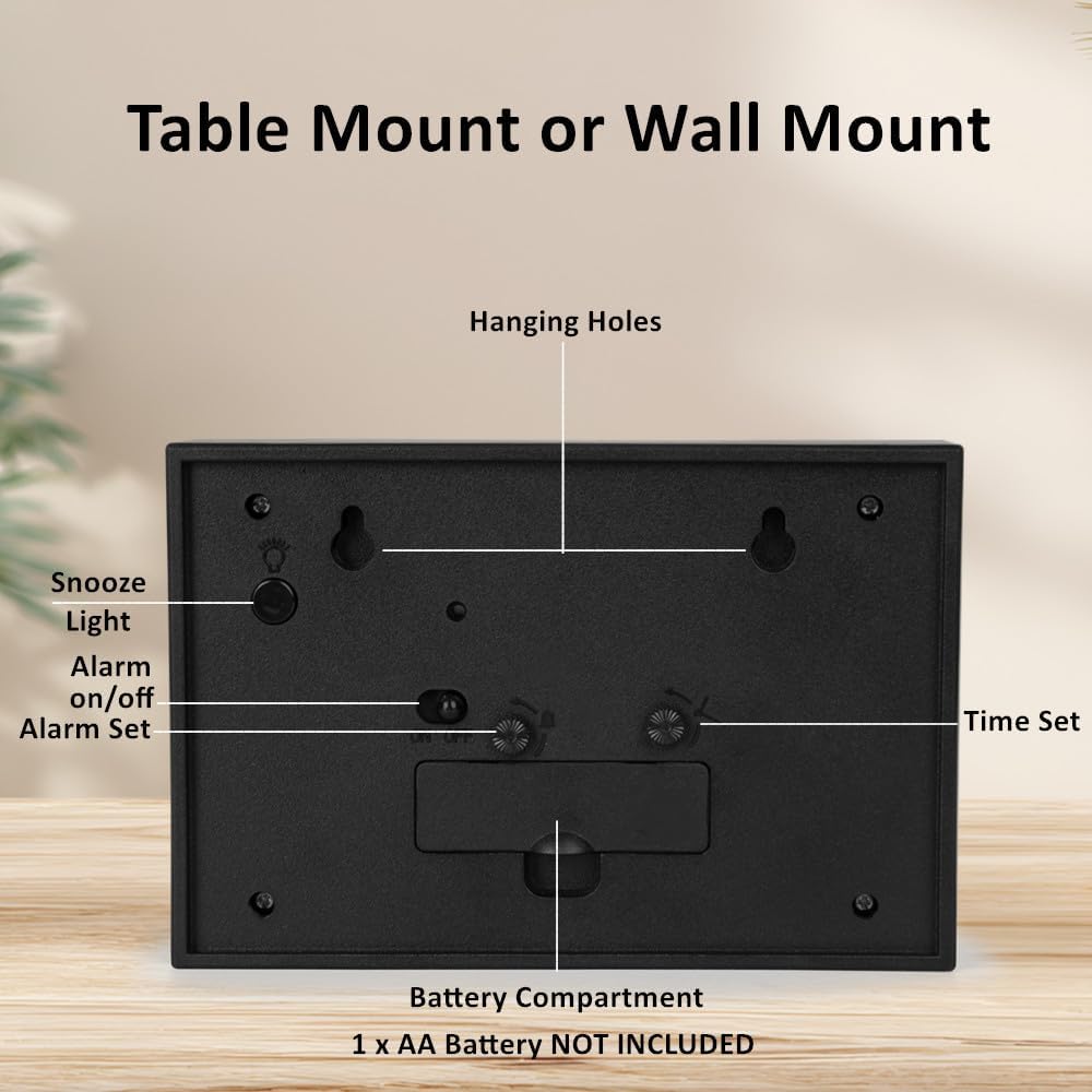 Silent No Ticking Analog Alarm Clock,Crescendo Alarm,Snooze with Light,Tablemount Wall Mount for Desk Bedside,Black
